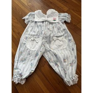 Vintage Nanette Baby Girls Floral Polkadot Romper Lace Trim 6/9 Months Pockets